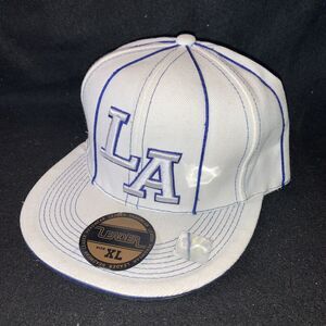Leader In Headwear LA Fitted Baseball Hat / Cap Size XL White And Blue EUC
